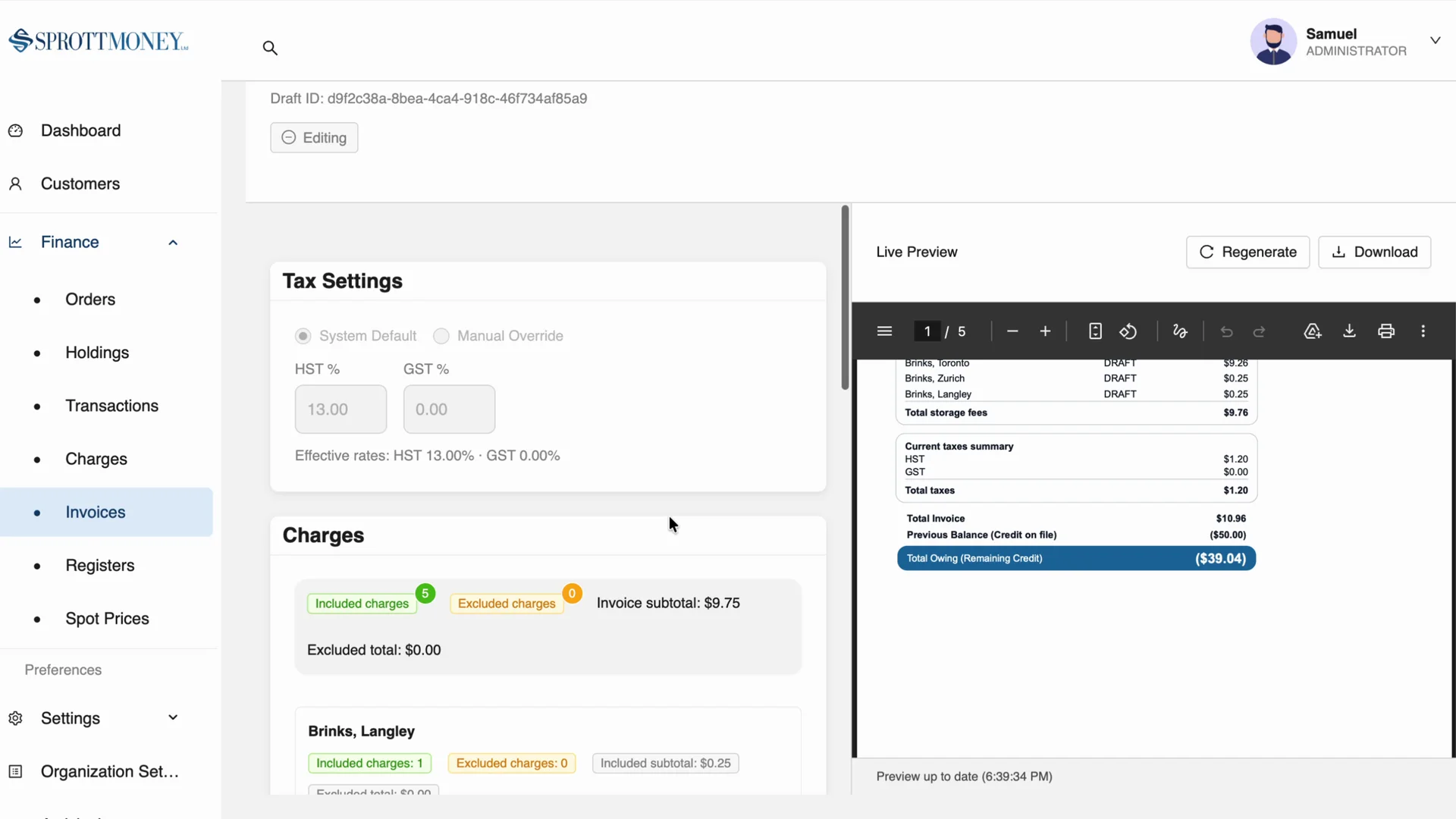 Approved Sprott Money invoice draft editor beside a live generated invoice preview.